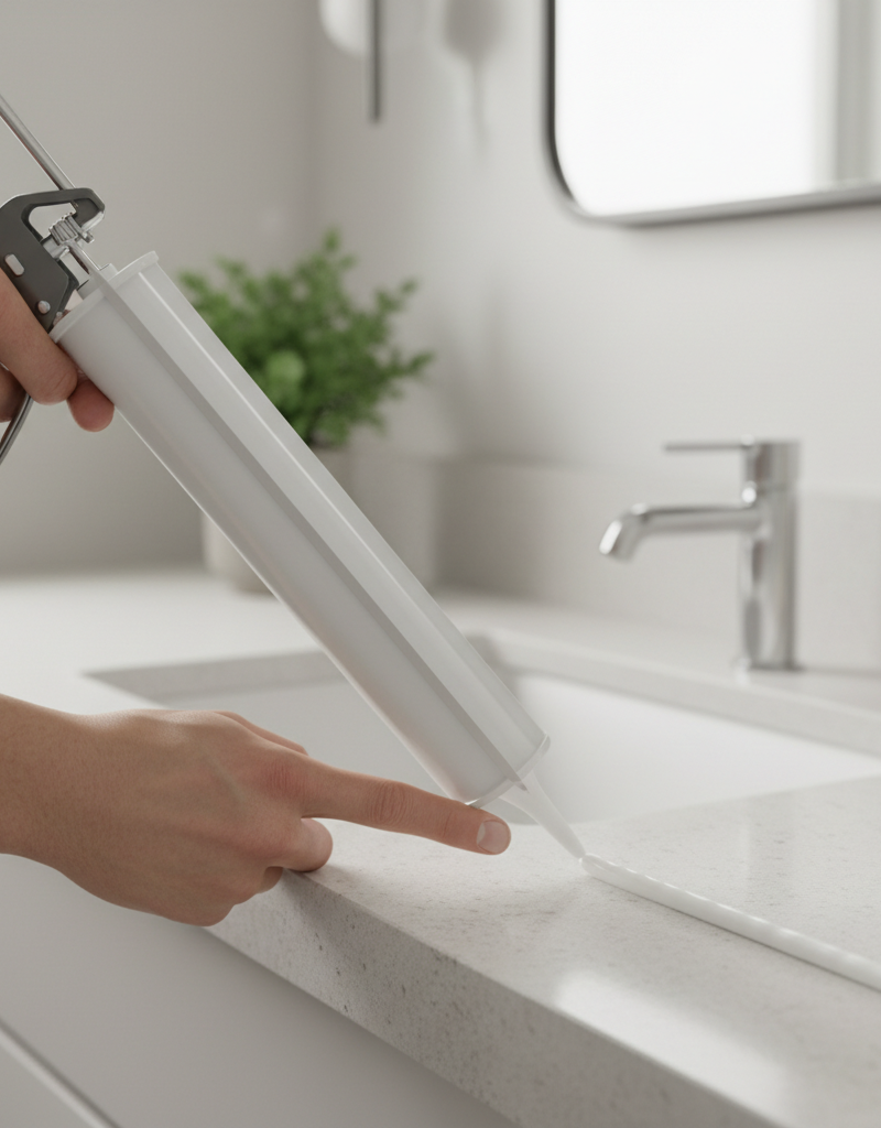 Homeowner applying a smooth bead of silicone caulk around a bathroom sink
