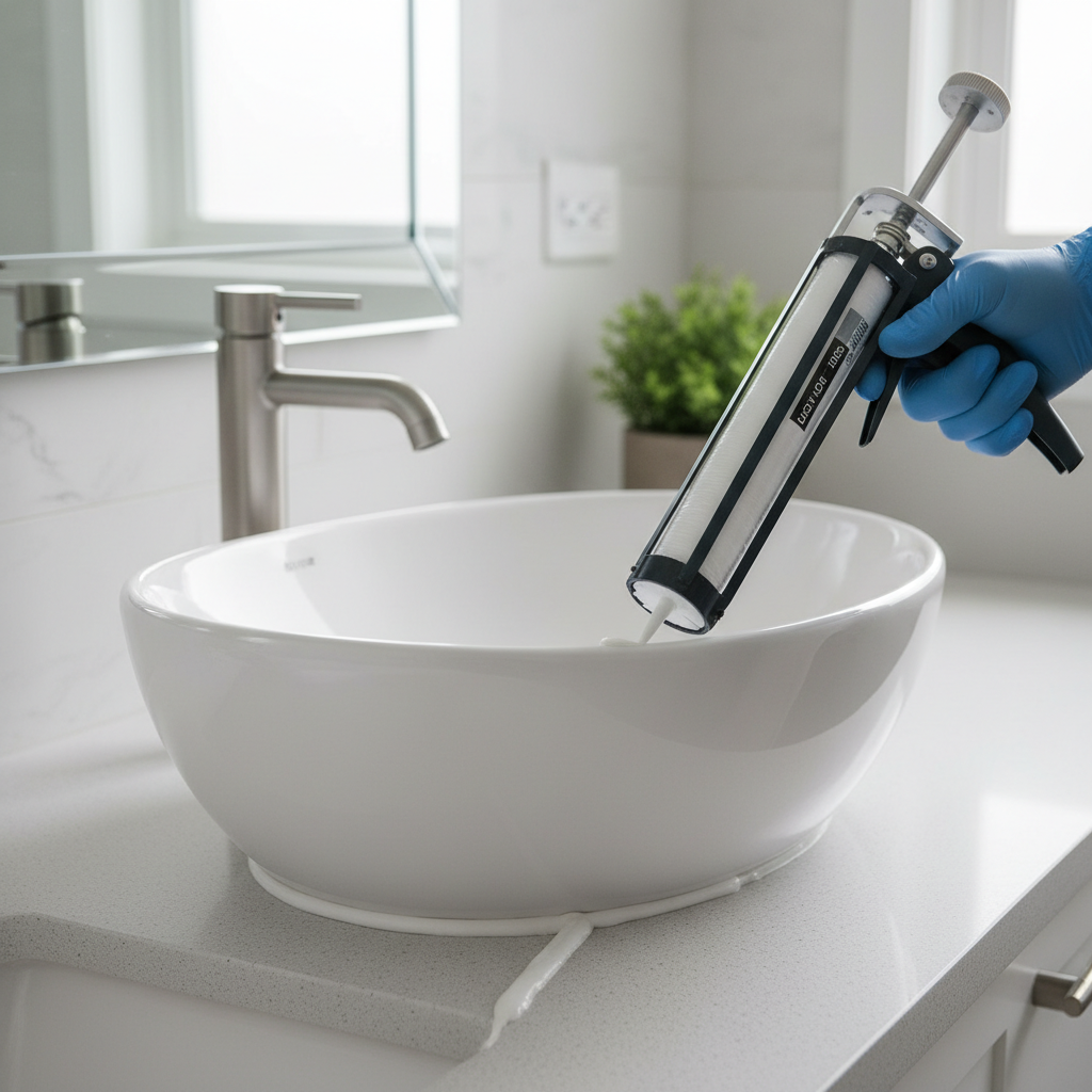 Hand applying a fresh bead of silicone caulk around a clean bathroom sink