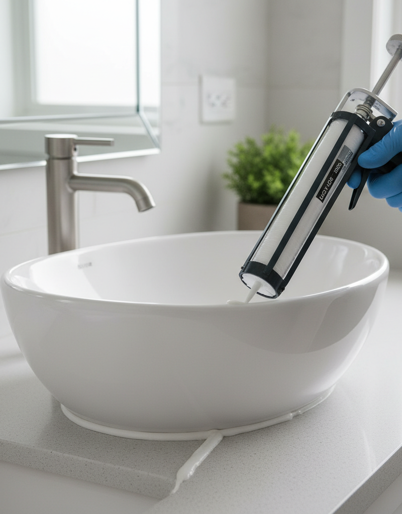 Hand applying a fresh bead of silicone caulk around a clean bathroom sink
