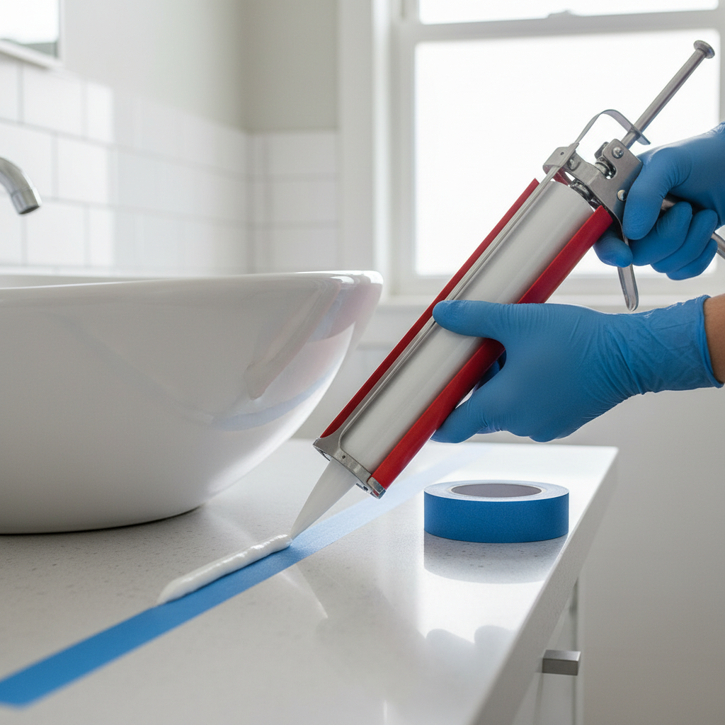 Gloved hand applying a smooth bead of white silicone caulk around a bathroom sink for a watertight seal.