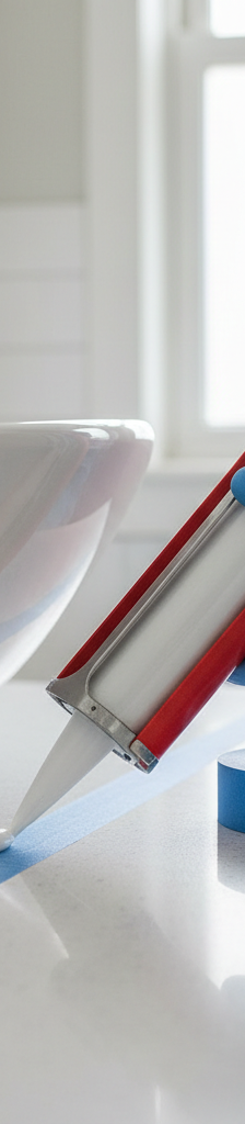 Gloved hand applying a smooth bead of white silicone caulk around a bathroom sink for a watertight seal.