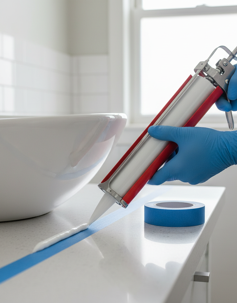 Gloved hand applying a smooth bead of white silicone caulk around a bathroom sink for a watertight seal.
