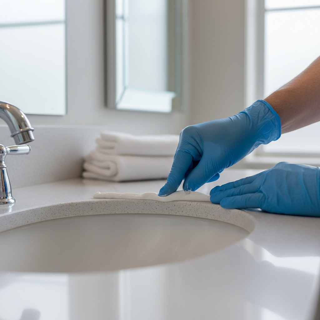 Hands smoothing a fresh caulk bead around a bathroom sink with a tooling tool.