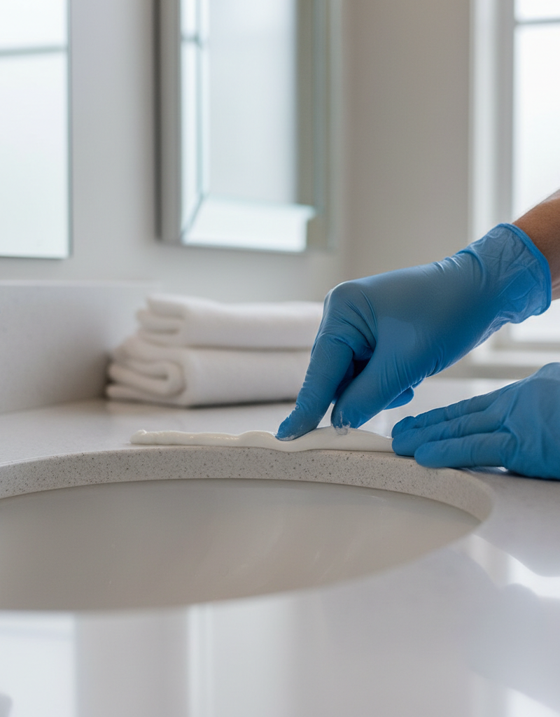 Hands smoothing a fresh caulk bead around a bathroom sink with a tooling tool.