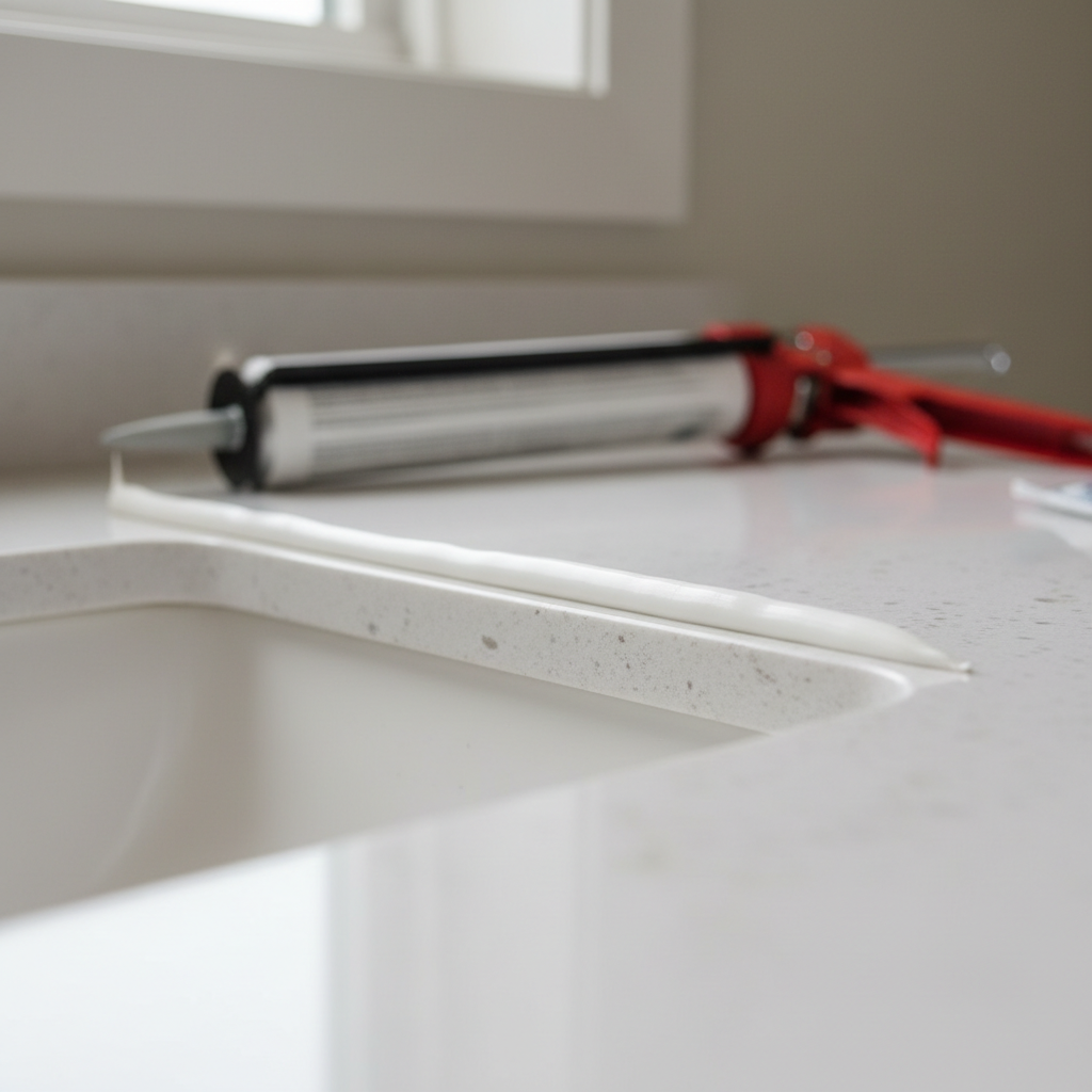 Perfectly applied white caulk bead sealing a bathroom sink against a clean countertop, preventing mold.