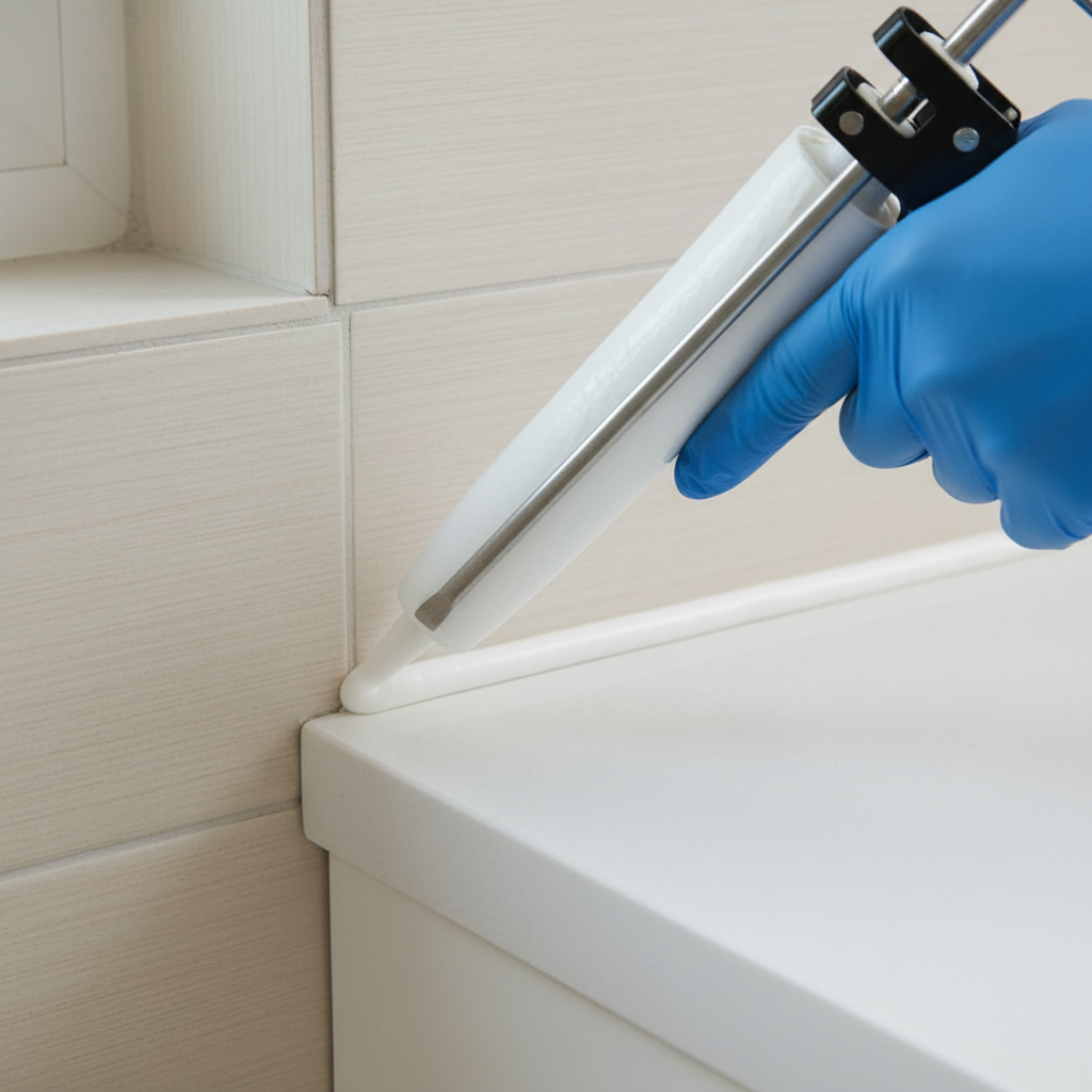 Skilled hand applying a perfect caulk bead between tile and a countertop, emphasizing proper technique and a smooth finish.