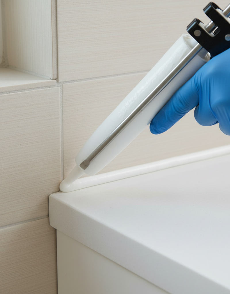 Skilled hand applying a perfect caulk bead between tile and a countertop, emphasizing proper technique and a smooth finish.