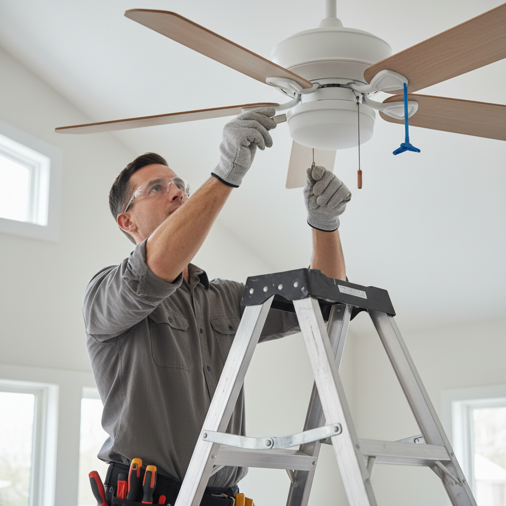 Homeowner applying a balancing weight to a ceiling fan blade to fix a wobble.