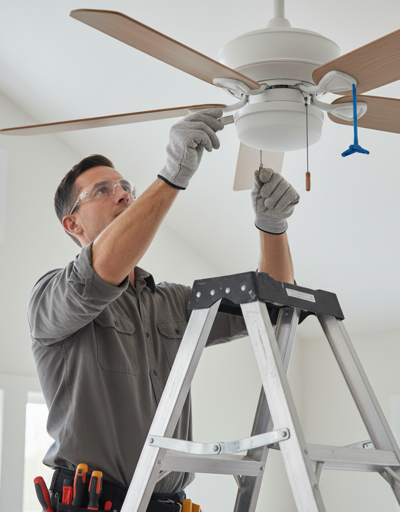Homeowner applying a balancing weight to a ceiling fan blade to fix a wobble.