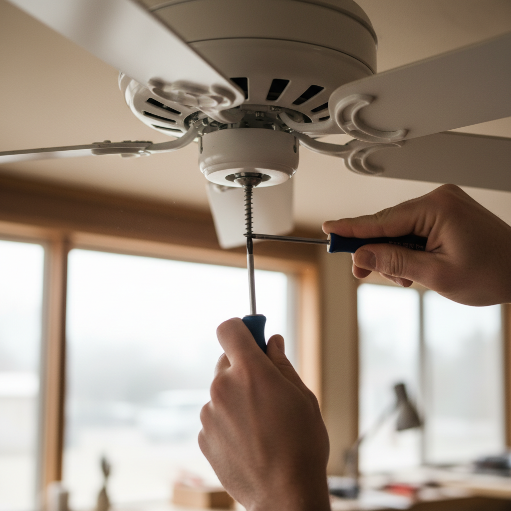 Person tightening a loose screw on a white ceiling fan blade with a Phillips head screwdriver.