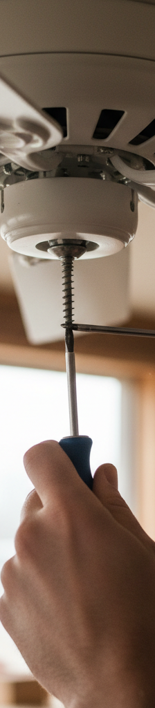 Person tightening a loose screw on a white ceiling fan blade with a Phillips head screwdriver.