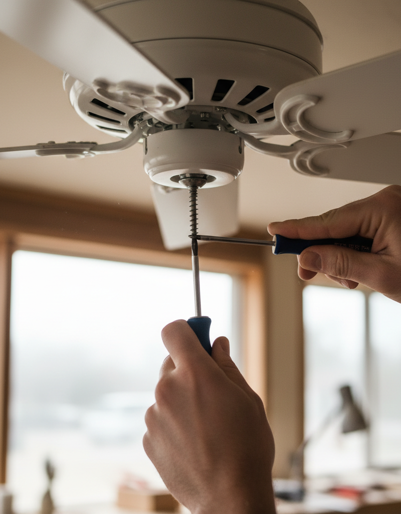 Person tightening a loose screw on a white ceiling fan blade with a Phillips head screwdriver.
