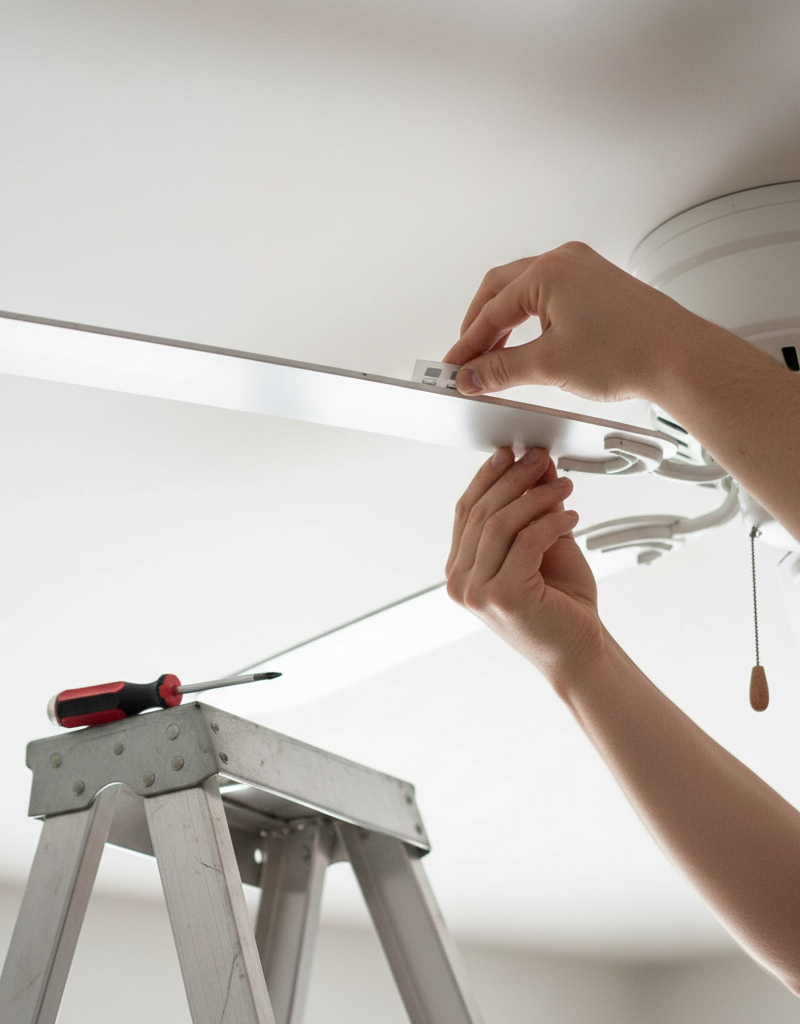 Homeowner applying a small adhesive weight to a ceiling fan blade to fix a wobble.