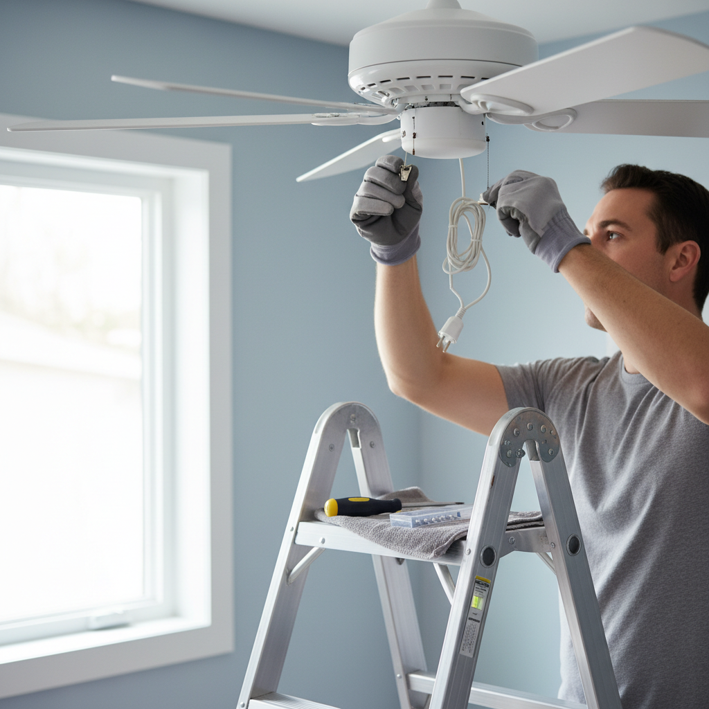 Homeowner using a balancing kit to fix a wobbling ceiling fan blade
