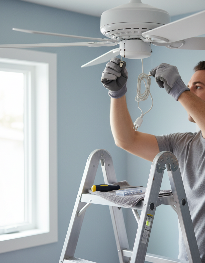 Homeowner using a balancing kit to fix a wobbling ceiling fan blade