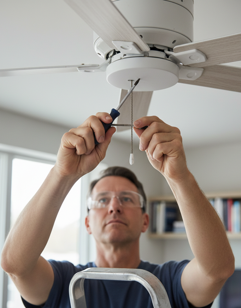 Homeowner tightening a ceiling fan blade screw to fix a wobble.