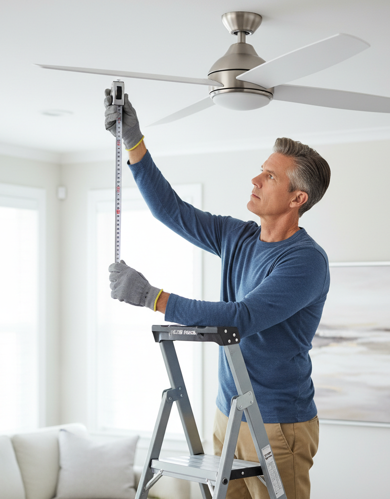 Homeowner measuring ceiling fan blade distance from ceiling to diagnose wobble