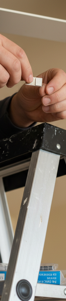 Homeowner applying a balancing weight to a ceiling fan blade to fix a wobble