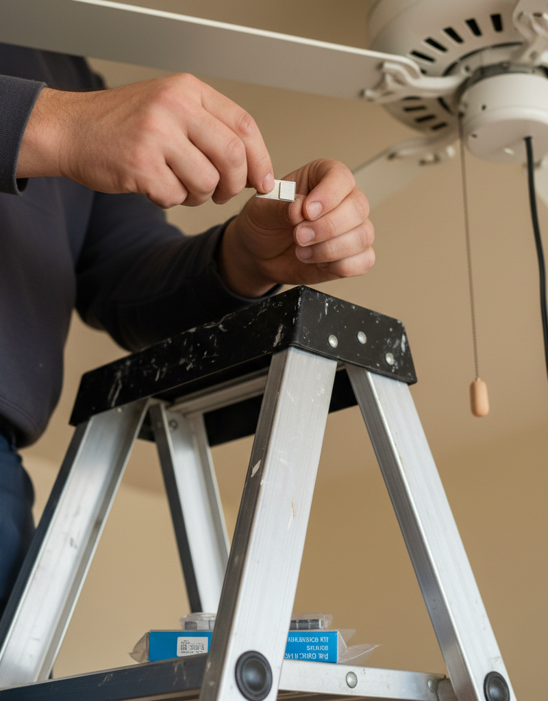 Homeowner applying a balancing weight to a ceiling fan blade to fix a wobble