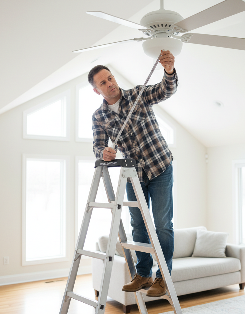 Homeowner inspecting a ceiling fan blade with a measuring tape to identify wobble source
