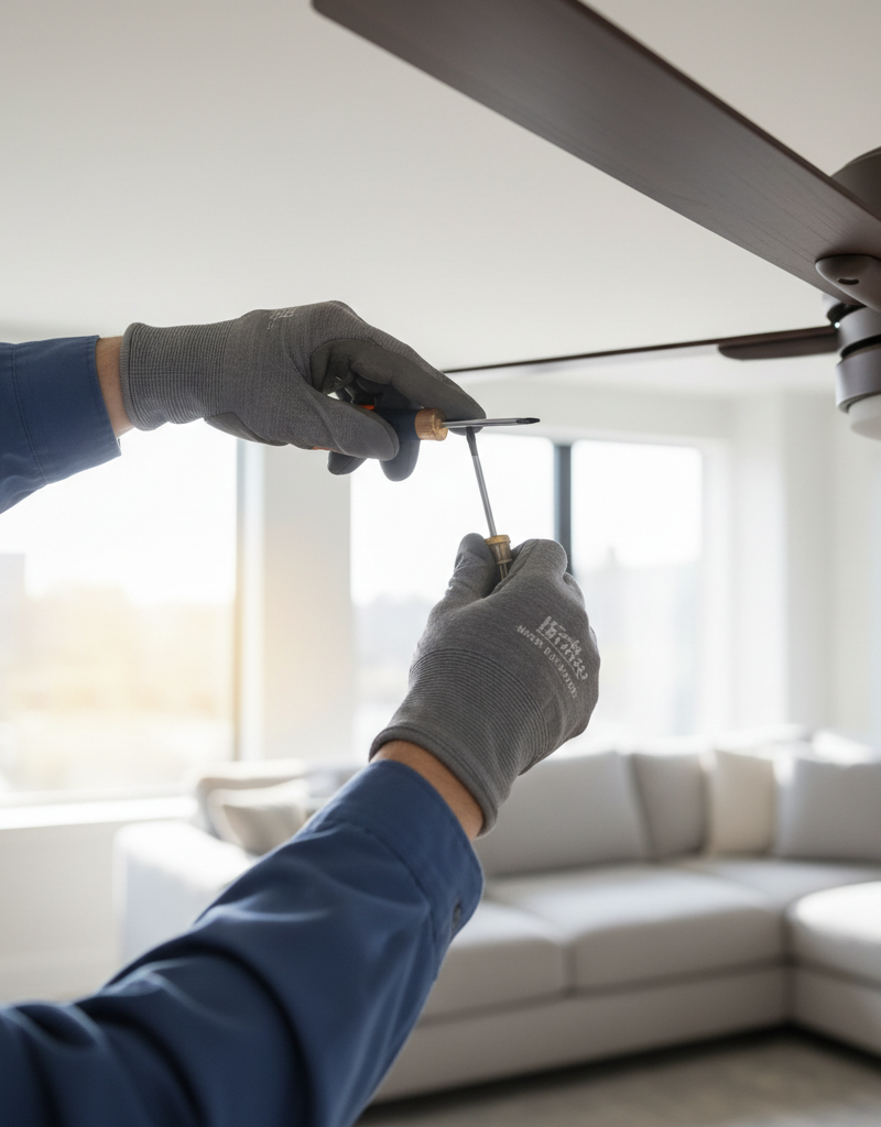 Person tightening a ceiling fan blade screw on a stepladder to fix a wobble.