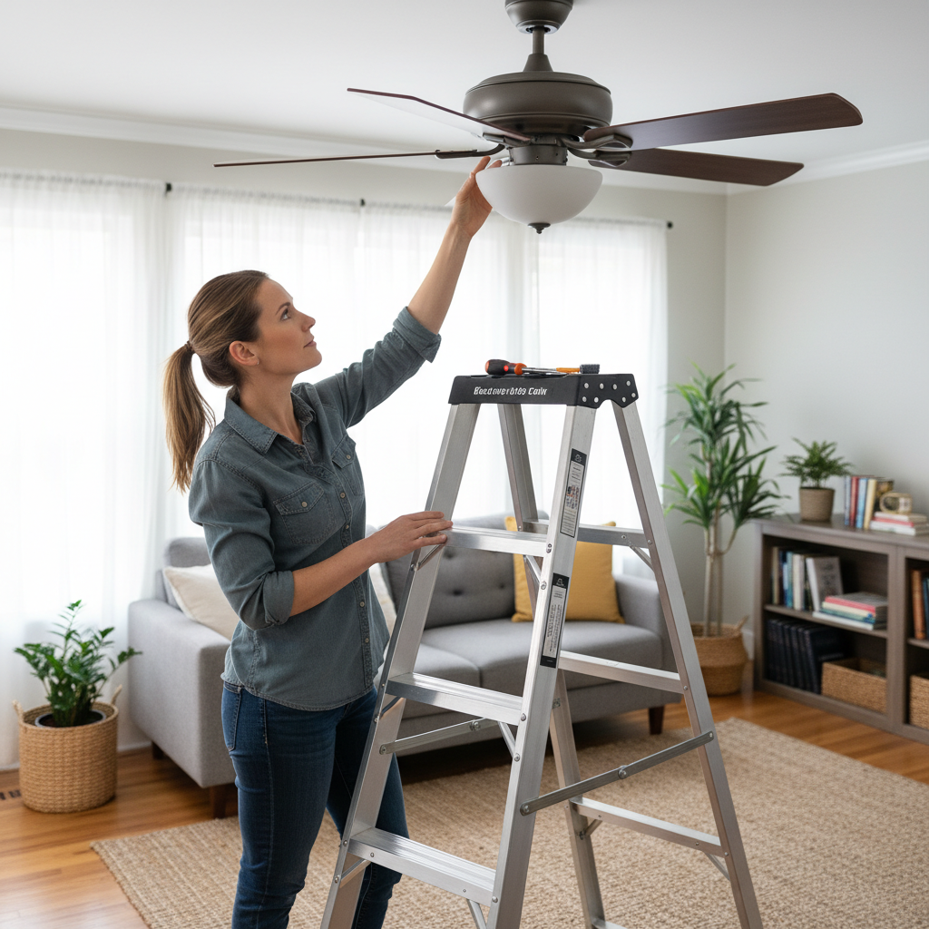 Homeowner on a ladder inspecting a ceiling fan for wobbling issues