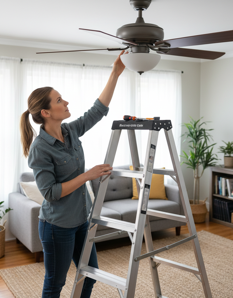 Homeowner on a ladder inspecting a ceiling fan for wobbling issues
