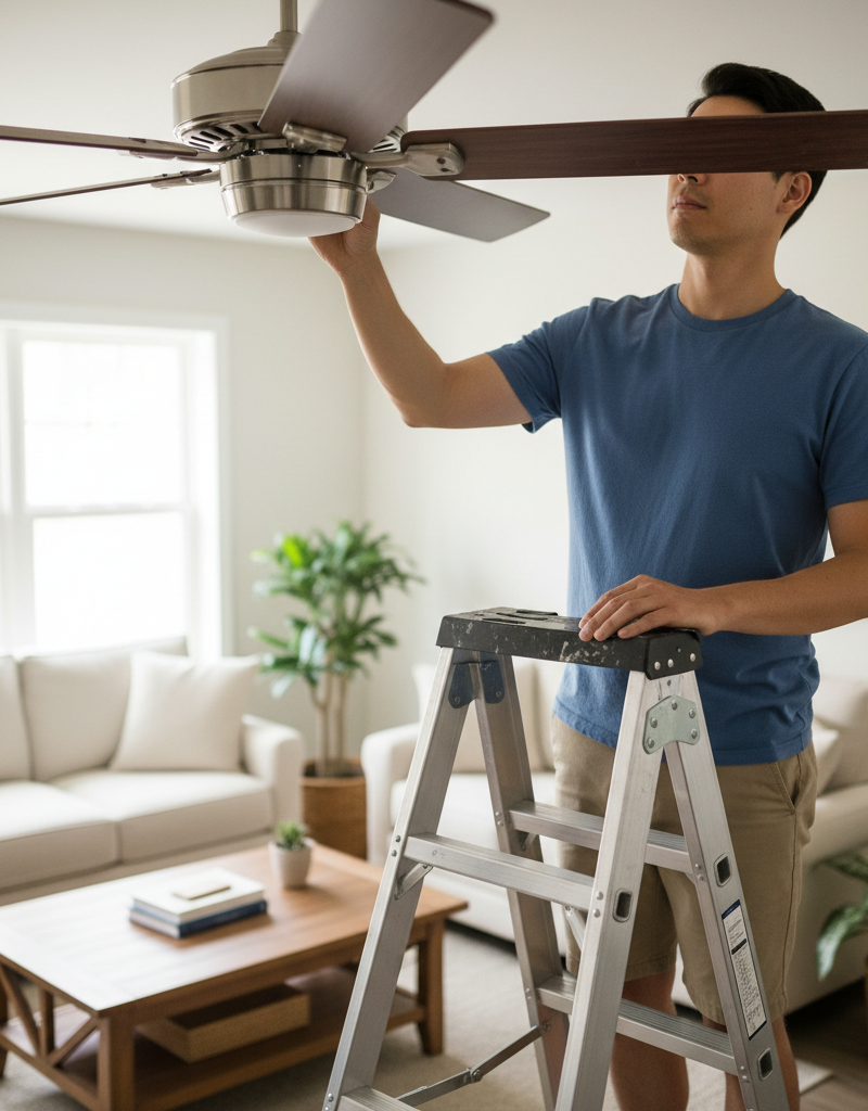 Homeowner on a ladder checking ceiling fan blades for wobble