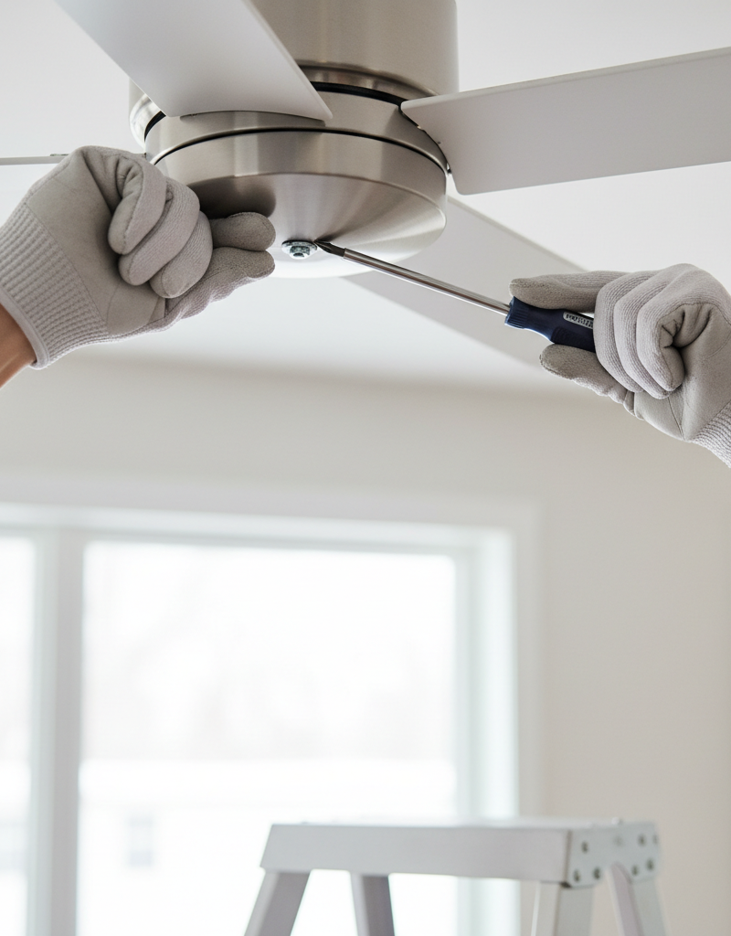 Homeowner tightening a screw on a white ceiling fan blade to fix a wobble