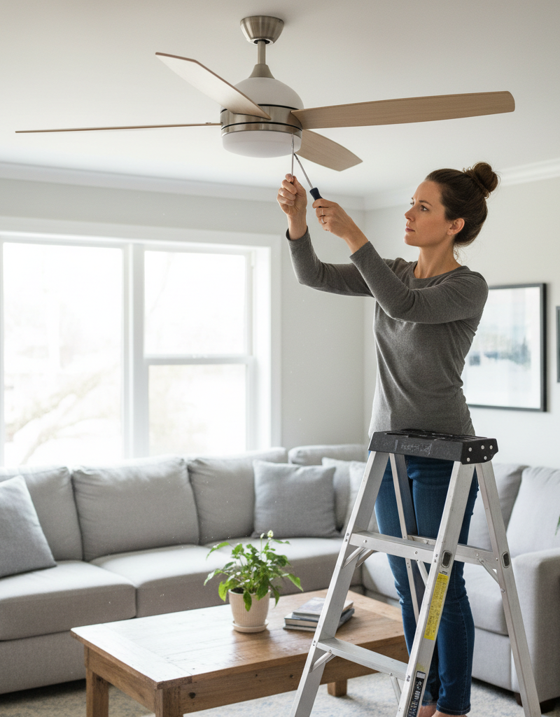 Homeowner on ladder tightening ceiling fan blade screw to fix wobble