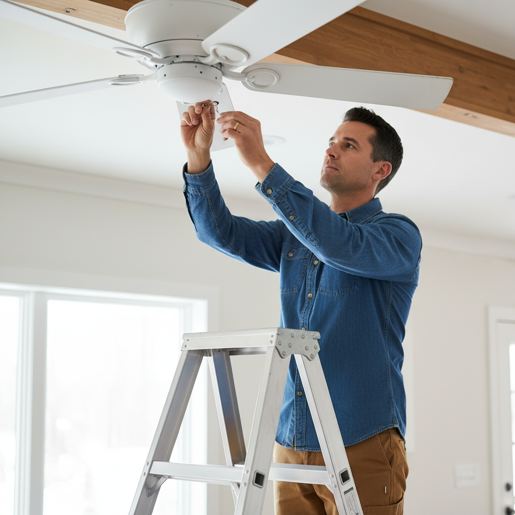 Homeowner on ladder meticulously checking ceiling fan blades for wobble or imbalance with a balancing kit.