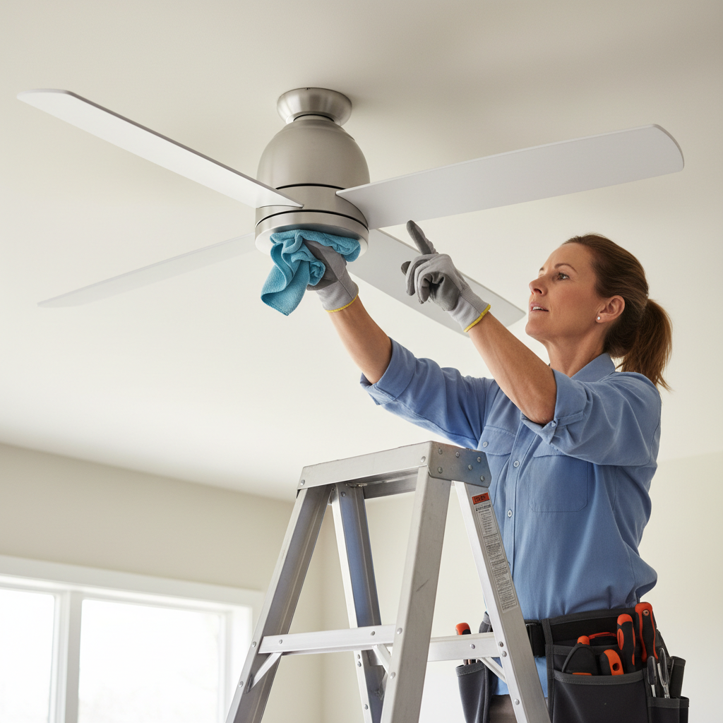 Homeowner on a ladder inspecting and cleaning a ceiling fan blade to fix a wobble.