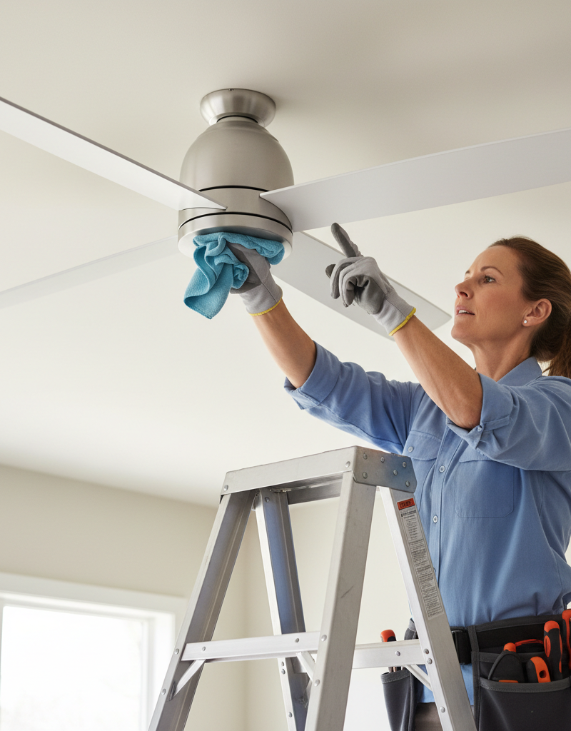 Homeowner on a ladder inspecting and cleaning a ceiling fan blade to fix a wobble.