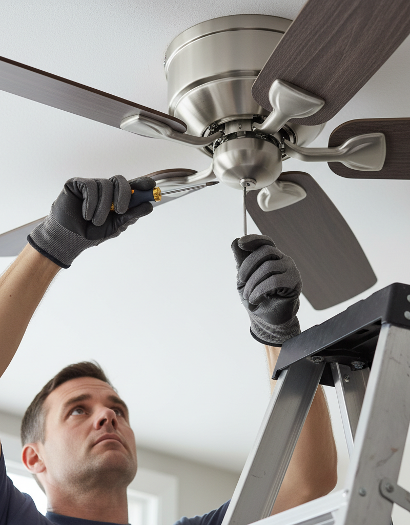 Homeowner on a ladder tightening a screw on a ceiling fan blade arm to fix a wobble