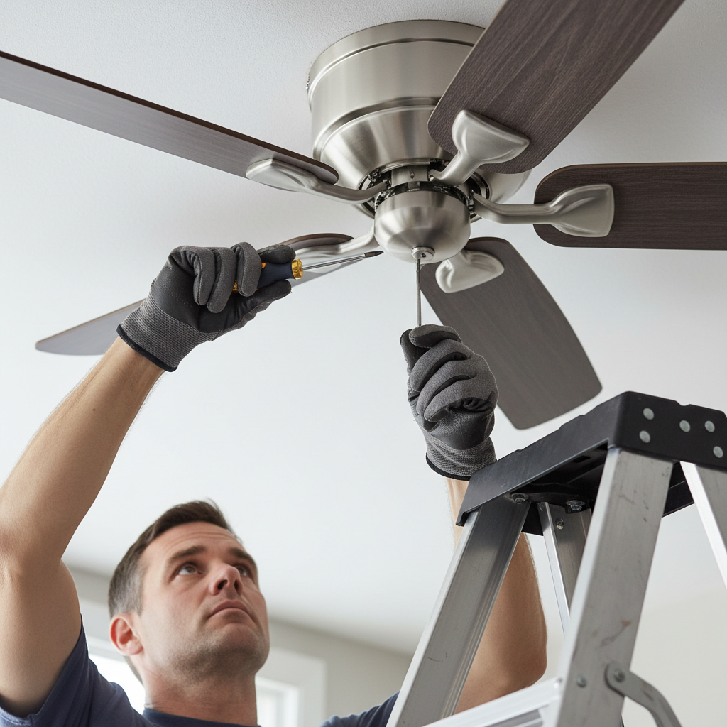 Homeowner on a ladder tightening a screw on a ceiling fan blade arm to fix a wobble