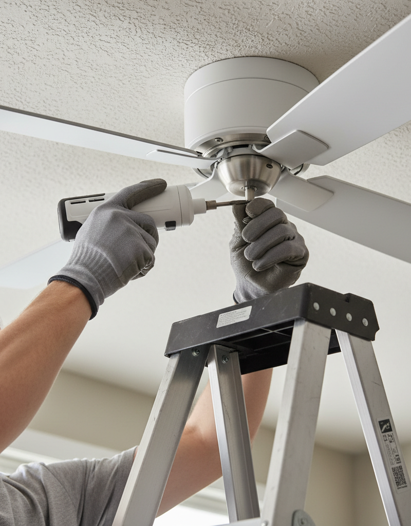 Homeowner on ladder tightening ceiling fan mounting screws to fix wobble