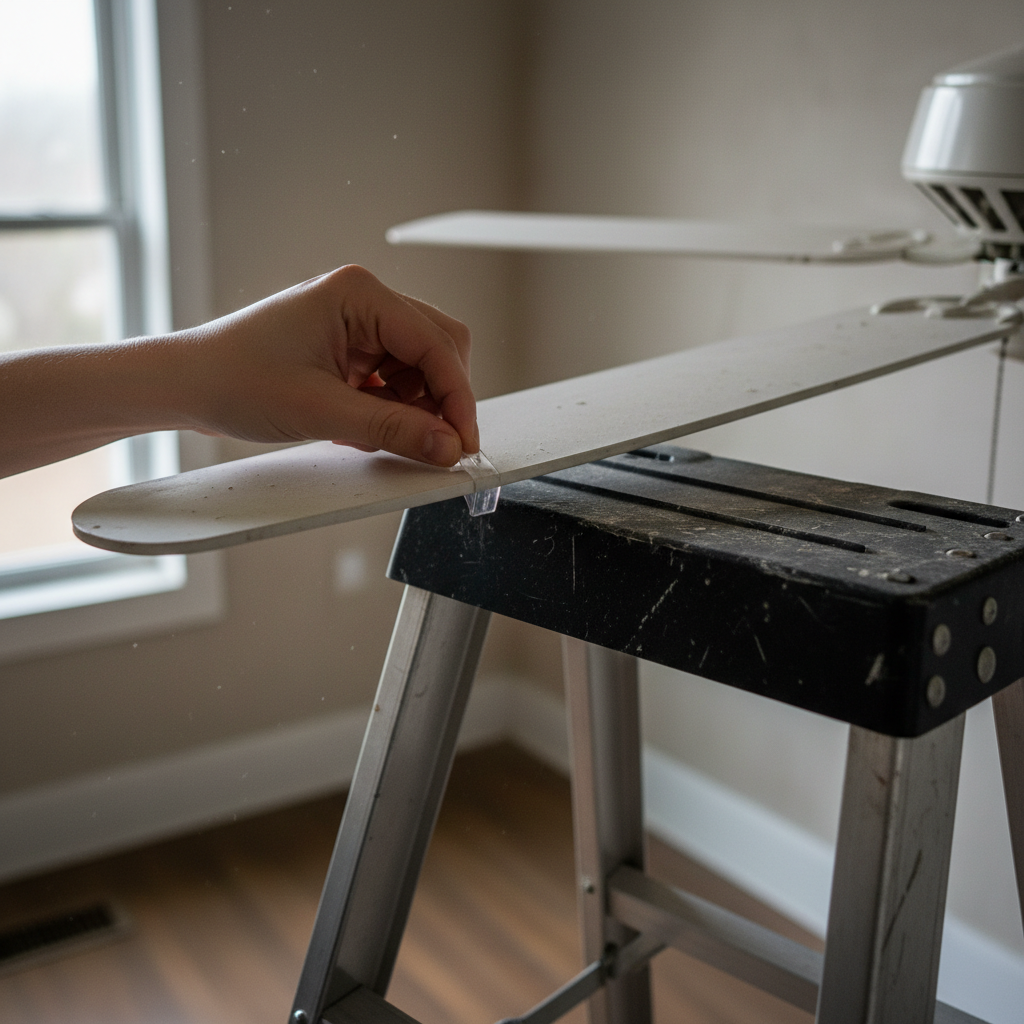 A homeowner using a balancing clip on a ceiling fan blade to fix a wobble.