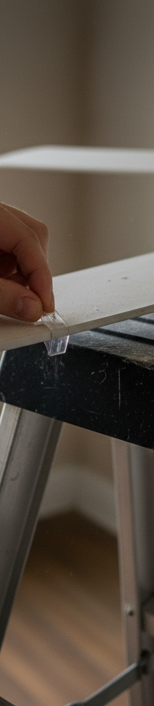 A homeowner using a balancing clip on a ceiling fan blade to fix a wobble.