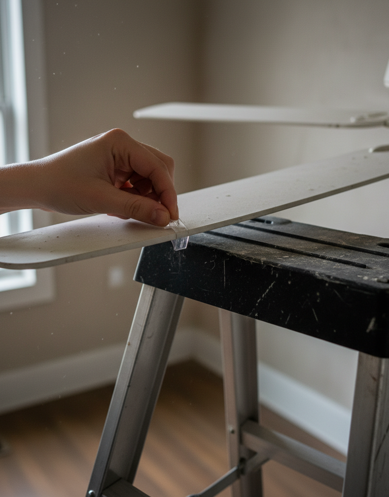 A homeowner using a balancing clip on a ceiling fan blade to fix a wobble.