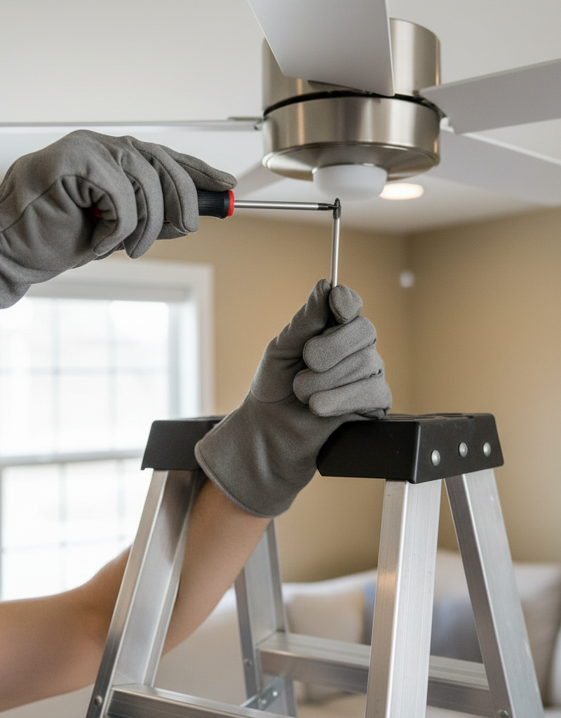 Homeowner tightening a screw on a ceiling fan blade arm to fix a wobble