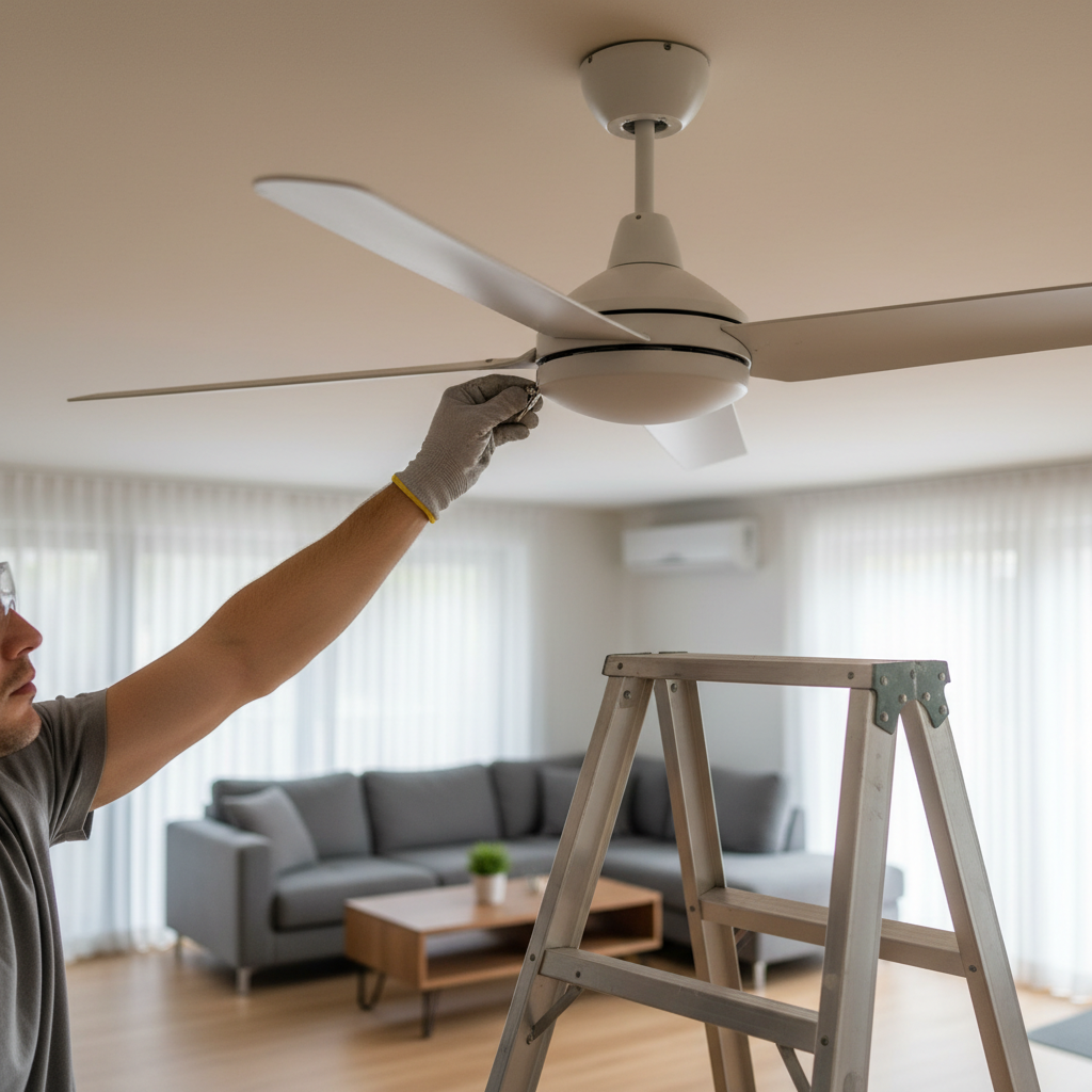 Homeowner using a balancing kit to fix a wobbling ceiling fan blade