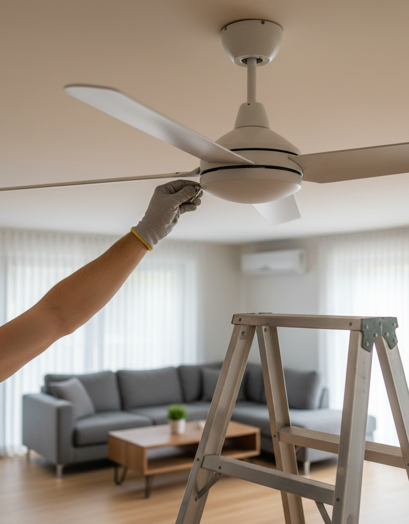 Homeowner using a balancing kit to fix a wobbling ceiling fan blade