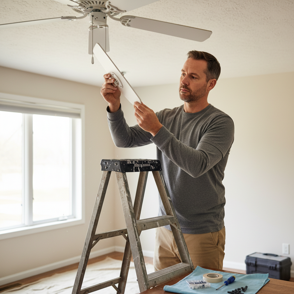 Homeowner inspecting a ceiling fan blade for damage while on a ladder, checking for wobble causes.