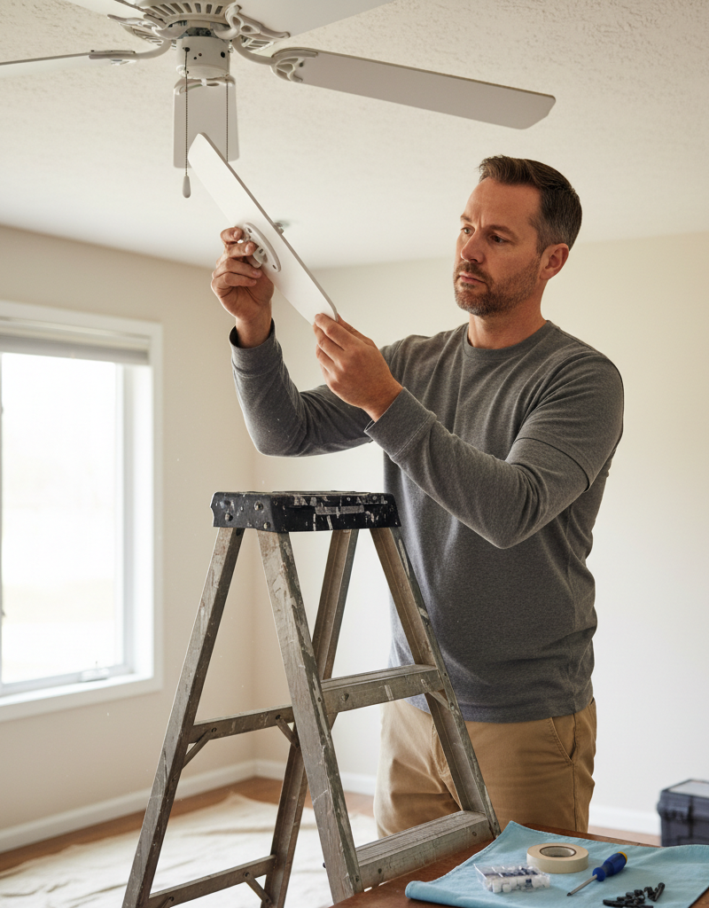 Homeowner inspecting a ceiling fan blade for damage while on a ladder, checking for wobble causes.