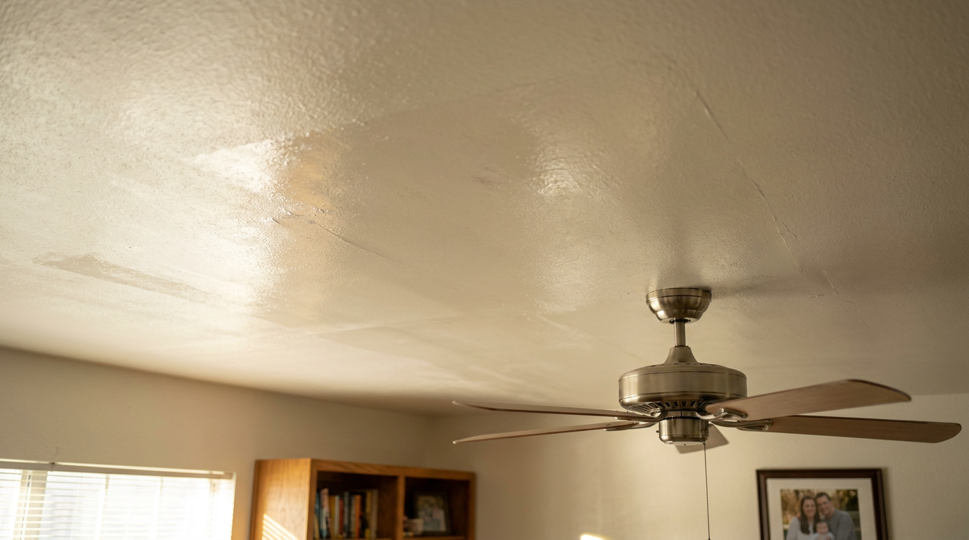 Visible streaks and lap marks, a problem known as flashing, on a newly painted white ceiling.