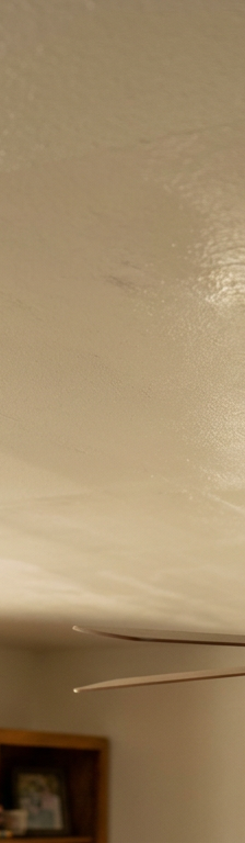 Visible streaks and lap marks, a problem known as flashing, on a newly painted white ceiling.