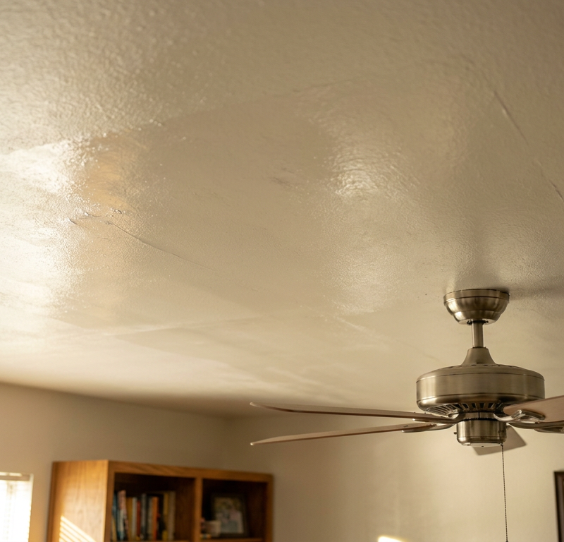Visible streaks and lap marks, a problem known as flashing, on a newly painted white ceiling.