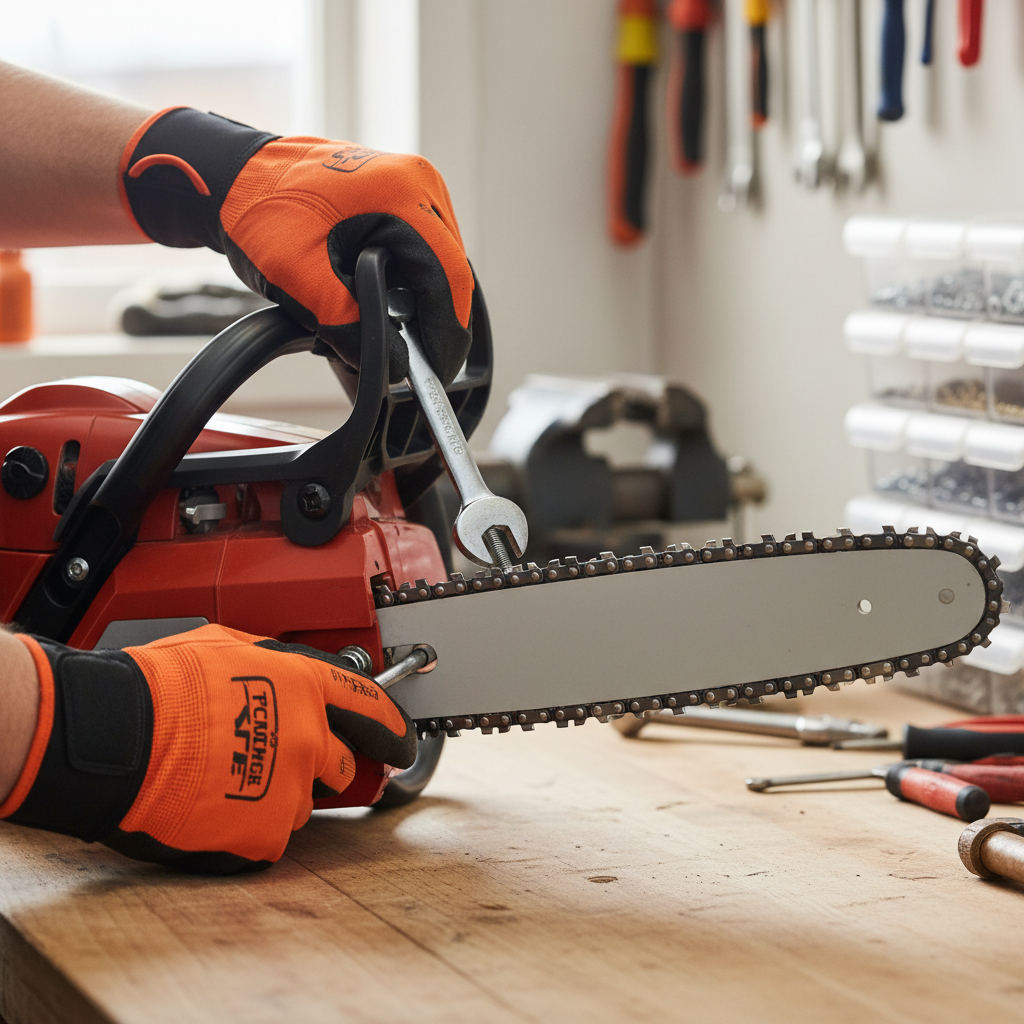 Homeowner adjusting chainsaw chain tension with a wrench