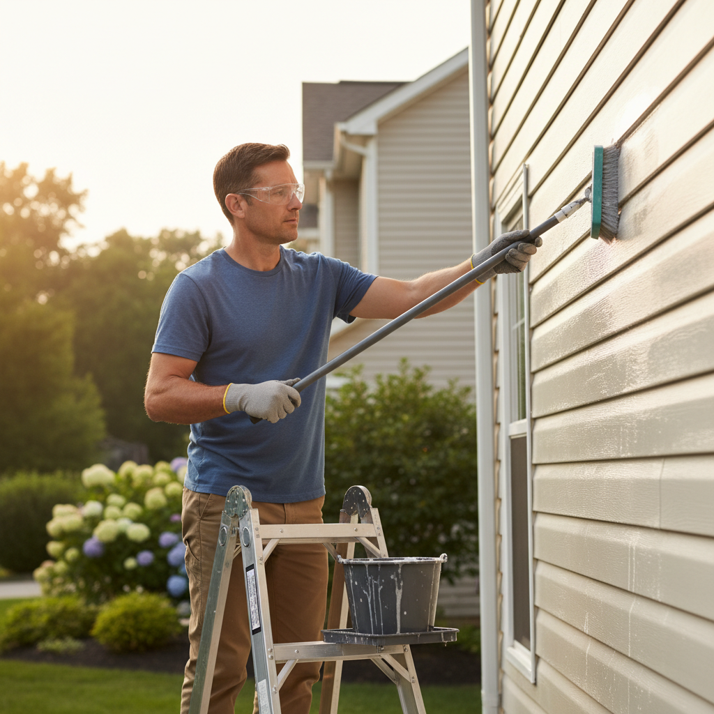 Homeowner cleaning chalky vinyl siding with a soft brush and cleaning solution on a ladder