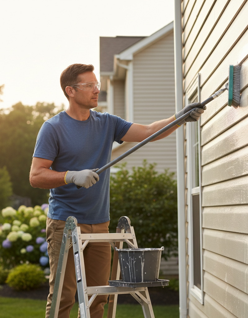 Homeowner cleaning chalky vinyl siding with a soft brush and cleaning solution on a ladder